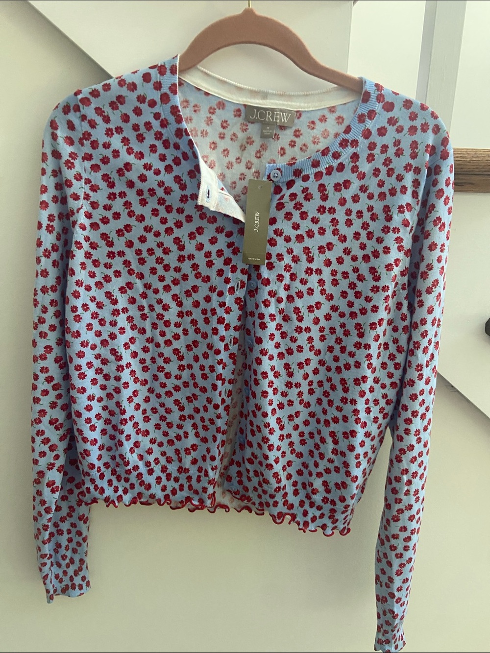 J. Crew Light Blue Cardigan with Red Floral Pattern